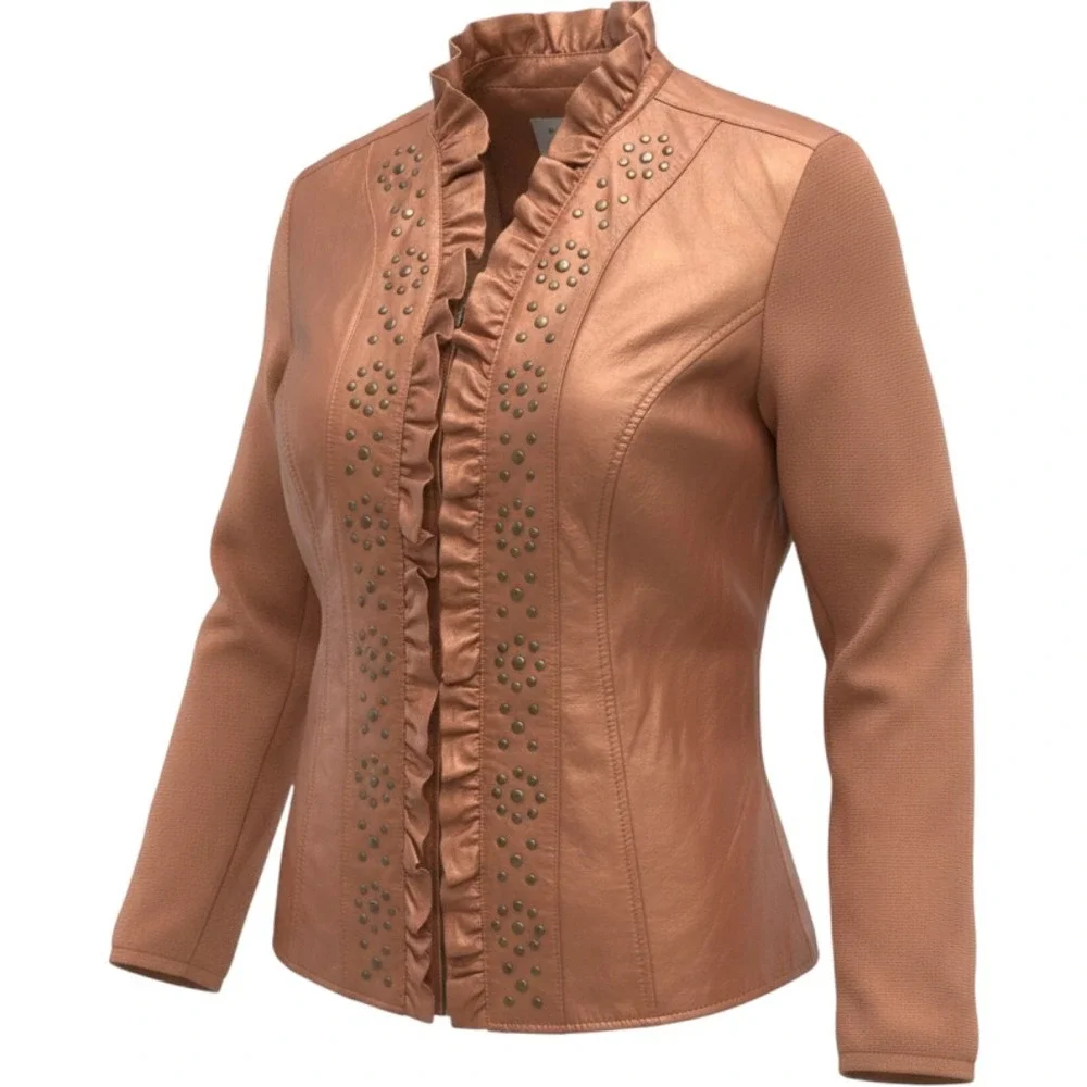 Silhouettes Leather Knit Jacket Womens 1X Brown Excellent Studded Ruffle